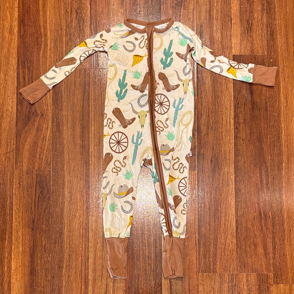 Little Sleepies Beige Western Print Footie with Brown Trim